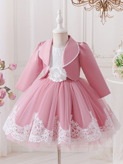 Glamorique Kids فستان بناتي وردي وأبيض من قطعتين، جاكيت قصير بأكمام طويلة مع تنورة توتو أميرة من الدانتيل والشبك، فستان زهرة الفتاة لحفلات الزفاف وأعياد ميلاد الأطفال