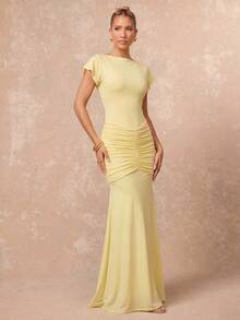 Lumalex Pale Yellow Boat Neck Maxi Dress Flutter Sleeves Ruched Hip Detail Bodycon Bodice Flared Hem Skirt Summer Elegant Romantic Dinner Party Birthday - Light Yellow - View 3