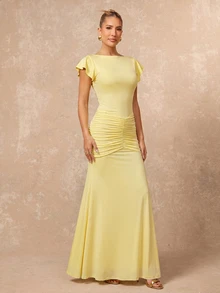 Lumalex Pale Yellow Boat Neck Maxi Dress Flutter Sleeves Ruched Hip Detail Bodycon Bodice Flared Hem Skirt Summer Elegant Romantic Dinner Party Birthday - Light Yellow - View 2