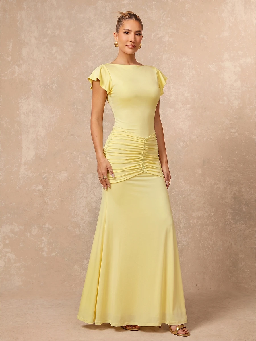 Lumalex Pale Yellow Boat Neck Maxi Dress Flutter Sleeves Ruched Hip Detail Bodycon Bodice Flared Hem Skirt Summer Elegant Romantic Dinner Party Birthday