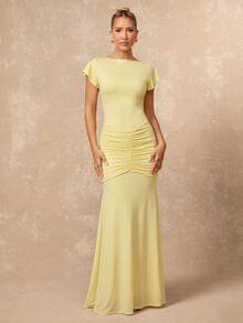 Lumalex Pale Yellow Boat Neck Maxi Dress Flutter Sleeves Ruched Hip Detail Bodycon Bodice Flared Hem Skirt Summer Elegant Romantic Dinner Party Birthday - Light Yellow - View 6