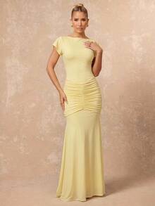 Lumalex Pale Yellow Boat Neck Maxi Dress Flutter Sleeves Ruched Hip Detail Bodycon Bodice Flared Hem Skirt Summer Elegant Romantic Dinner Party Birthday - Light Yellow - View 10
