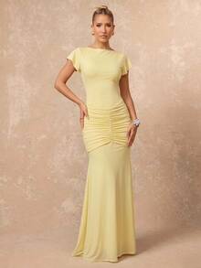 Lumalex Pale Yellow Boat Neck Maxi Dress Flutter Sleeves Ruched Hip Detail Bodycon Bodice Flared Hem Skirt Summer Elegant Romantic Dinner Party Birthday - Light Yellow - View 9
