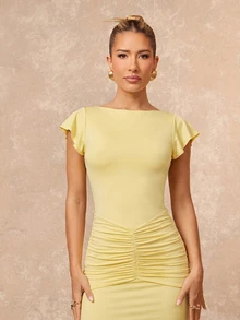 Lumalex Pale Yellow Boat Neck Maxi Dress Flutter Sleeves Ruched Hip Detail Bodycon Bodice Flared Hem Skirt Summer Elegant Romantic Dinner Party Birthday - Light Yellow - View 7