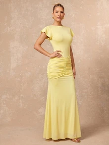 Lumalex Pale Yellow Boat Neck Maxi Dress Flutter Sleeves Ruched Hip Detail Bodycon Bodice Flared Hem Skirt Summer Elegant Romantic Dinner Party Birthday - Light Yellow - View 4