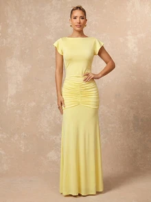 Lumalex Pale Yellow Boat Neck Maxi Dress Flutter Sleeves Ruched Hip Detail Bodycon Bodice Flared Hem Skirt Summer Elegant Romantic Dinner Party Birthday - Light Yellow - View 11