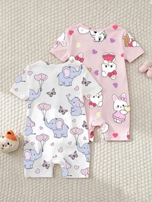 5件/組 隨機盲盒，2件女嬰2件套包含短袖上衣和短褲，淺粉色、紫色、白色，愛心、貓、兔子、牛、雲朵、星星、大象可愛滿版印花，休閒、彈性、柔軟、拉鍊、居家服，適合夏季，連身衣 - 彩色 - 查看 2