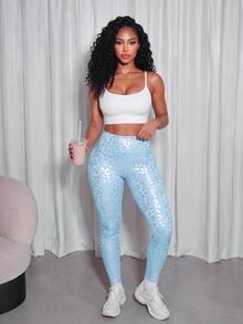 SHEIN Core Rhythm Seamed Sports Cute Sexy Yoga Leggings Leopard Print Foil Side Pocket Design Comfortable Versatile Fitness Gym Pilates Running Cycling Summer - Baby Blue - View 1