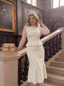 SHEIN MOD Plus Size Women Polka Dot Cinched Waist Mermaid Sleeveless Elegant Dress Set, Party, Vacation, Vintage,Back To School,Campus, Polka Dot - Multicolor - View 1