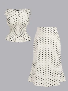SHEIN MOD Plus Size Women Polka Dot Cinched Waist Mermaid Sleeveless Elegant Dress Set, Party, Vacation, Vintage,Back To School,Campus, Polka Dot - Multicolor - View 3