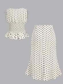 SHEIN MOD Plus Size Women Polka Dot Cinched Waist Mermaid Sleeveless Elegant Dress Set, Party, Vacation, Vintage,Back To School,Campus, Polka Dot - Multicolor - View 2