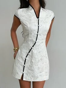 SHEIN Unity Women Chinese Qipao Mini Dress Mandarin Collar Frog Button Contrast Piping Jacquard Cap Sleeve Slit Summer Retro Elegant 60s Cheongsam Tea Party White - Apricot - View 4