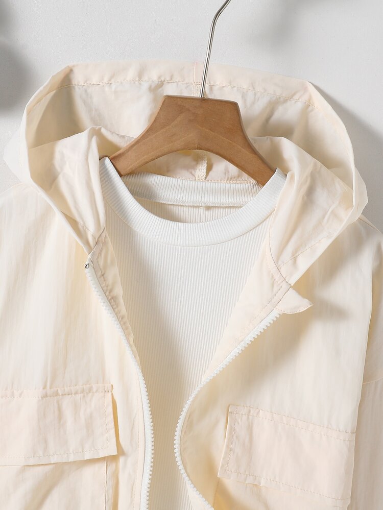 SHEIN Sparklyn Tween Girls Apricot Plain Zip-Up Hooded Pleated Casual Streetwear Cool Girl Versatile Daily Wear Long Sleeve Jacket Autumn Solid Minimalist School - Apricot - View 4