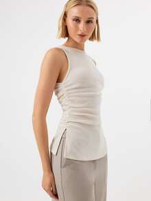 KÆRIA Hus Sleeveless Boat-Neck Ruched Asymmetric Top - Rib - Warm White - Slim Fit Ruched Asymmetric Tank Top - White - View 3