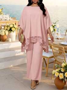 Fleurora Pink Summer Elegant Wedding Wedding Guest Ninang Al-Adha Plus Size 2 Pieces Set Women Lace Patchwork Batwing Sleeve Top And Pants Modest Formal Outfit - Pink - View 6