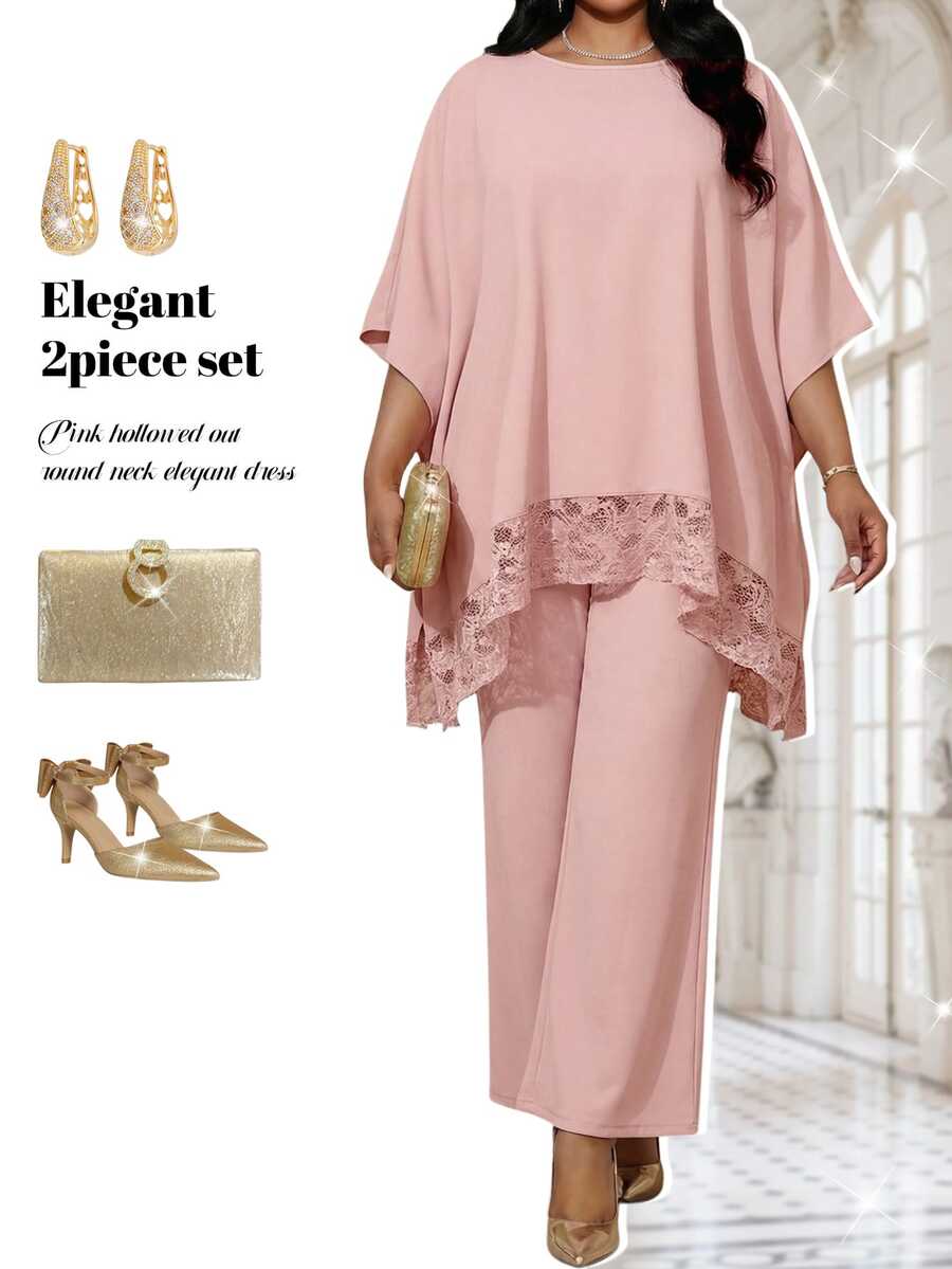 Fleurora Pink Summer Elegant Wedding Wedding Guest Ninang Al-Adha Plus Size 2 Pieces Set Women Lace Patchwork Batwing Sleeve Top And Pants Modest Formal Outfit - Pink - View 1