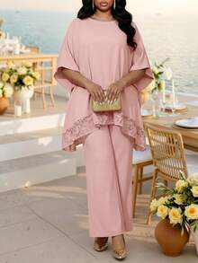 Fleurora Pink Summer Elegant Wedding Wedding Guest Ninang Al-Adha Plus Size 2 Pieces Set Women Lace Patchwork Batwing Sleeve Top And Pants Modest Formal Outfit - Pink - View 4
