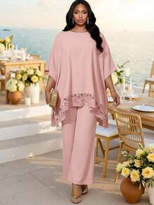Fleurora Pink Summer Elegant Wedding Wedding Guest Ninang Al-Adha Plus Size 2 Pieces Set Women Lace Patchwork Batwing Sleeve Top And Pants Modest Formal Outfit - Pink - View 5