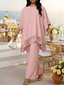 Fleurora Pink Summer Elegant Wedding Wedding Guest Ninang Al-Adha Plus Size 2 Pieces Set Women Lace Patchwork Batwing Sleeve Top And Pants Modest Formal Outfit - Pink - View 3