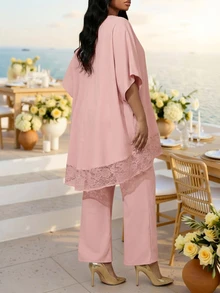 Fleurora Pink Summer Elegant Wedding Wedding Guest Ninang Al-Adha Plus Size 2 Pieces Set Women Lace Patchwork Batwing Sleeve Top And Pants Modest Formal Outfit - Pink - View 2