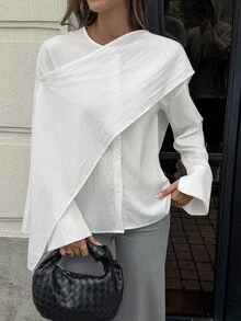 SHEIN EZwear Solid Button Front Cape Shirt - White - View 6