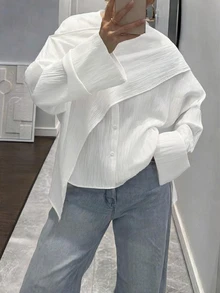 SHEIN EZwear Solid Button Front Cape Shirt - White - View 5