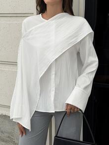 SHEIN EZwear Solid Button Front Cape Shirt - White - View 10