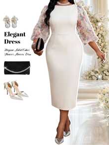 Fleurora Plus Size Elegant Party Mesh Patchwork Lantern Sleeve Dress - Multicolor - View 1