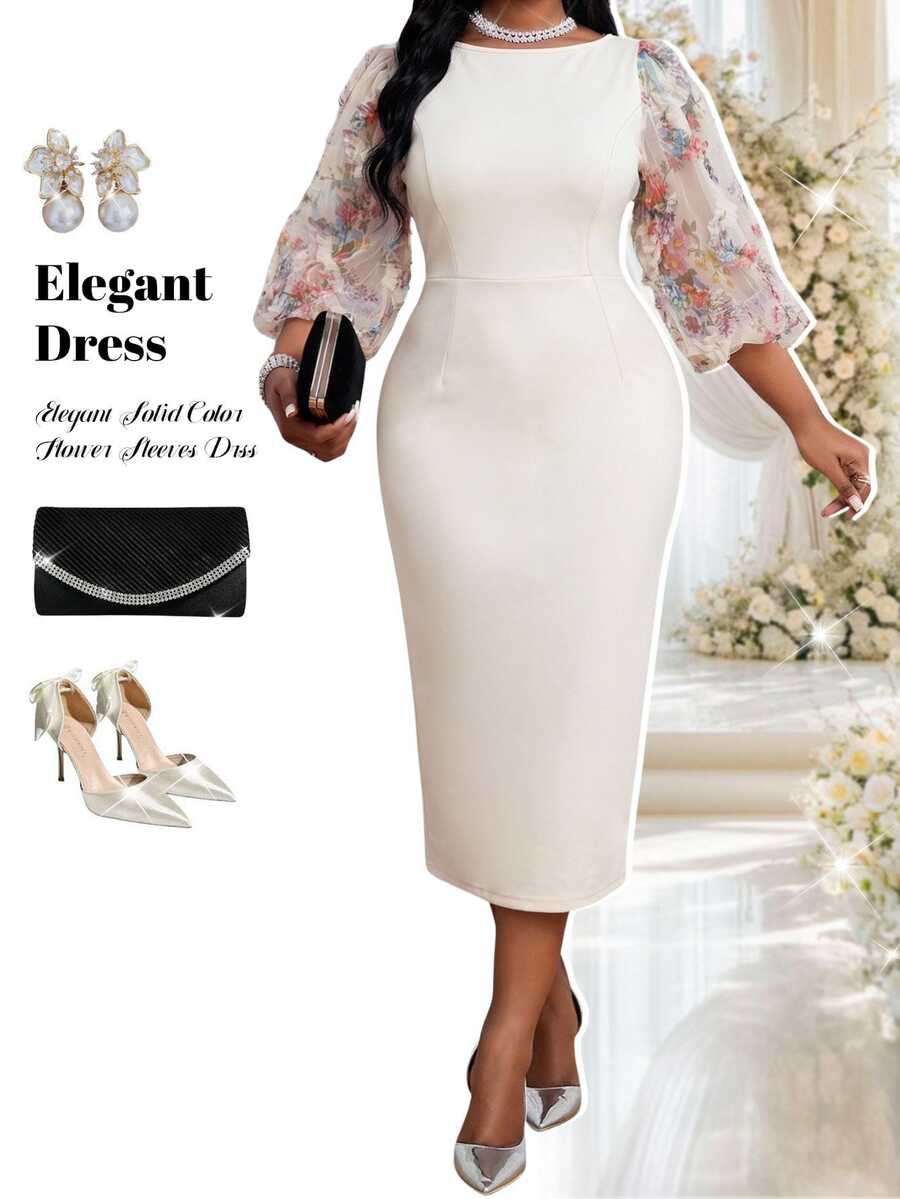 Fleurora Plus Size Elegant Party Mesh Patchwork Lantern Sleeve Dress - Multicolor - View 1