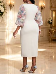 Fleurora Plus Size Elegant Party Mesh Patchwork Lantern Sleeve Dress - Multicolor - View 2