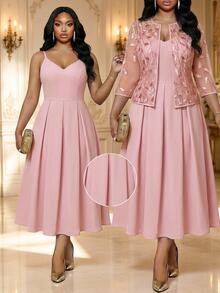 Fleurora Plus Size Women Solid Color Pleated Cami Dress And Floral Embroidery Cardigan Casual Daily 2-Piece Set Fall - Dusty Pink - View 3