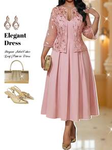 Fleurora Plus Size Women Solid Color Pleated Cami Dress And Floral Embroidery Cardigan Casual Daily 2-Piece Set Fall - Dusty Pink - View 1