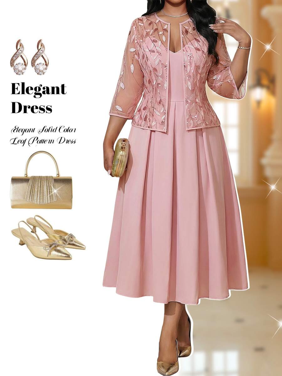 Fleurora Plus Size Women Solid Color Pleated Cami Dress And Floral Embroidery Cardigan Casual Daily 2-Piece Set Fall - Dusty Pink - View 1