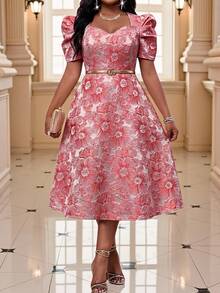 Fleurora Plus Size Women's Jacquard Elegant Waist-Cinching Party Dress - Blue - View 5