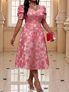 Fleurora Plus Size Women's Jacquard Elegant Waist-Cinching Party Dress - Blue - View 4