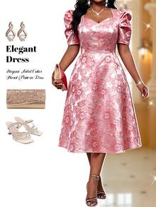 Fleurora Plus Size Women's Jacquard Elegant Waist-Cinching Party Dress - Blue - View 1