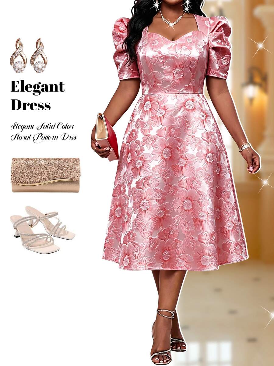 Fleurora Plus Size Women's Jacquard Elegant Waist-Cinching Party Dress - Blue - View 1