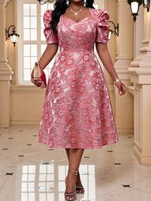 Fleurora Plus Size Women's Jacquard Elegant Waist-Cinching Party Dress - Blue - View 3