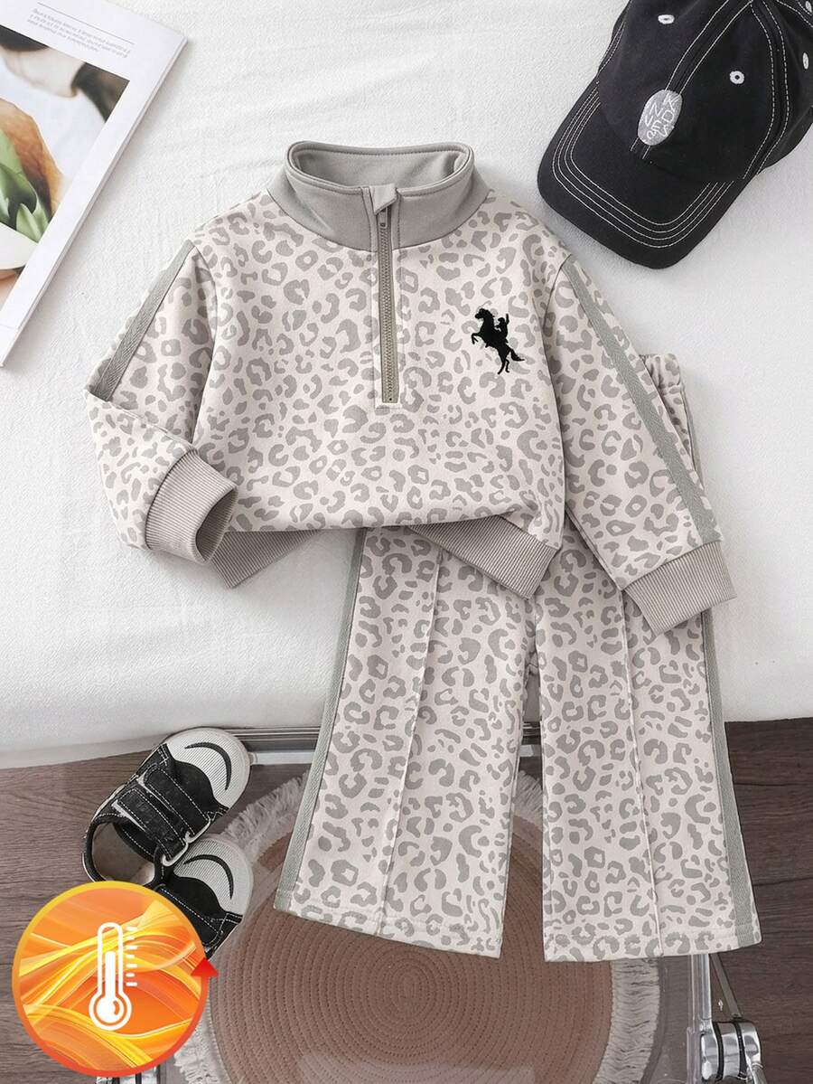 SHEIN Baby Girl Autumn/Winter Vintage Modest Alt Beige Print 2 Pieces Set, Half-Zip Stand Collar Pony Print Sweatshirt With Wide Leg Pants Party Vacation