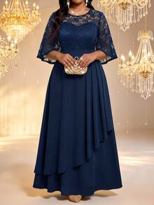 Fleurora Plus Size Elegant Party Lace Patchwork Dress Fall - Blue - View 4