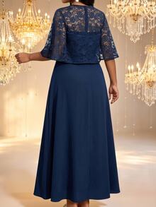Fleurora Plus Size Elegant Party Lace Patchwork Dress Fall - Blue - View 2