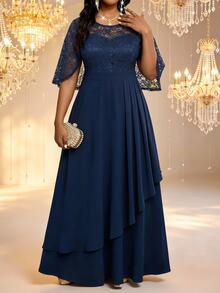 Fleurora Plus Size Elegant Party Lace Patchwork Dress Fall - Blue - View 3