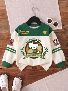 HELLO KITTY AND FRIENDS | SHEIN 青少年女孩拼色圓領運動衫，長袖休閒套頭上衣，學院風卡通圖案運動衫，適合春季日常穿著 - 綠色 - 查看 8