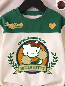 HELLO KITTY AND FRIENDS | SHEIN 青少年女孩拼色圓領運動衫，長袖休閒套頭上衣，學院風卡通圖案運動衫，適合春季日常穿著 - 綠色 - 查看 6