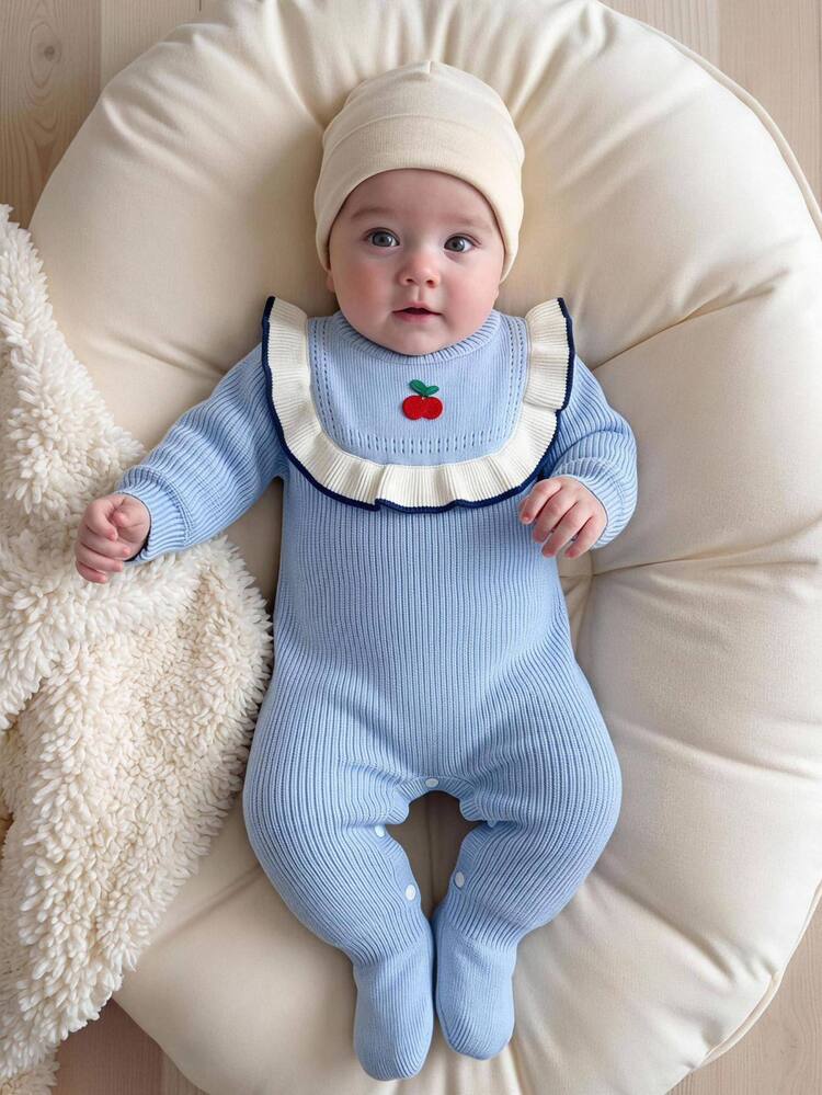SHEIN Fall Clothes Winter Newborn Baby Light Blue Cute Long Sleeve Floral Knit Romper Bodysuit, Back To School, Cozy Soft, Festival Outfits Christmas - Baby Blue - View 9