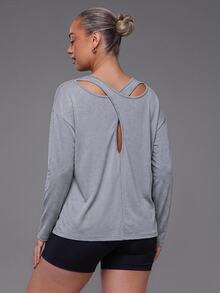 Levarali Women's Plus Size Solid Color Drop Shoulder Long Sleeve Criss-Cross Back Sports T-Shirt Fall - Grey - View 5