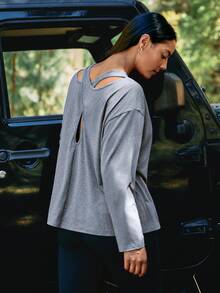 Levarali Women's Plus Size Solid Color Drop Shoulder Long Sleeve Criss-Cross Back Sports T-Shirt Fall - Grey - View 9