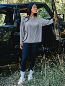 Levarali Women's Plus Size Solid Color Drop Shoulder Long Sleeve Criss-Cross Back Sports T-Shirt Fall - Grey - View 7