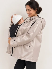 SHEIN جاكيت حوامل بأكمام طويلة وسحاب كاجوال بغطاء رأس 3 في 1 - كاكي - مشاهدة 2