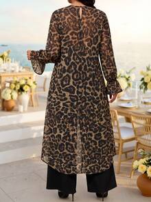 Fleurora Plus Size Leopard Print Long Sleeve Top And Solid Color Pants 2 Pieces Set Vacation White Autumn Elegant Women's Set Wedding Guest - Multicolor - View 2